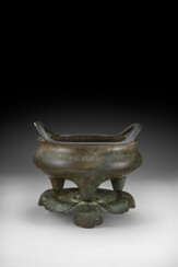 A LARGE DATED BRONZE TRIPOD CENSER AND STAND