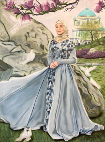 Gemälde, портрет девушки „девушка цветы дерево горы мечеть храм“, Leinwand auf dem Hilfsrahmen, Öl, изобразительное искусство, Porträt, Russland, 2023 - Foto 1