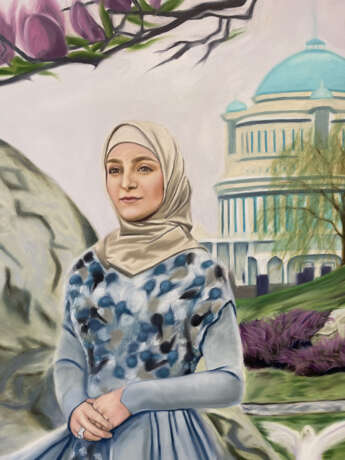 Gemälde, портрет девушки „девушка цветы дерево горы мечеть храм“, Leinwand auf dem Hilfsrahmen, Öl, изобразительное искусство, Porträt, Russland, 2023 - Foto 3
