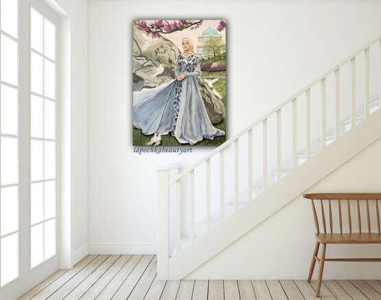 Gemälde, портрет девушки „девушка цветы дерево горы мечеть храм“, Leinwand auf dem Hilfsrahmen, Öl, изобразительное искусство, Porträt, Russland, 2023 - Foto 6