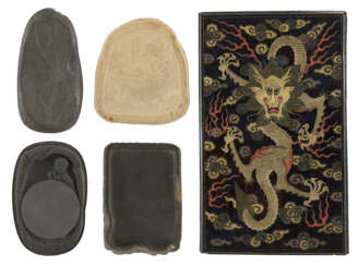 A BOX OF INKSTICKS DEPICTING THE ILLUSTRATION OF AGRICULTURE AND SERICULTURE, FOUR INKSTONES AND A DUNHUANG MURAL RUBBING