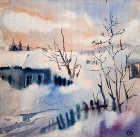 Зимний вечер Papier Aquarelle Romantisme Paysage rural Russie 2022 - photo 1