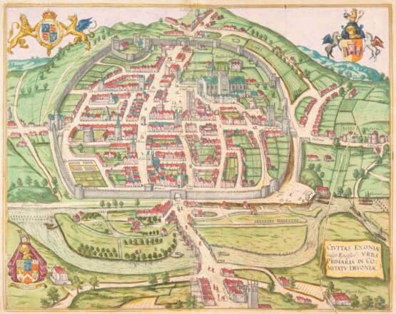 BRAUN, GEORG UND HOGENBERG, FRANZ (NACH) 1541 Köln bzw. 1535 Mechelen - 1622 Köln bzw. 1590 Köln ZWEI KUPFERSTICHE: 'CIVITAS EXONIAE (VULGO EXCESTER) URBS (...)' UND 'YORKE / SHROWESBURY / LANCASTER / RICHMONT' - Foto 1