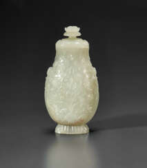 A SMALL CARVED MUGHAL-STYLE GREENISH-WHITE JADE VASE AND COVER