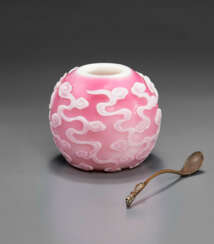 A WHITE-OVERLAY PINK GLASS &#39;BATS AND CLOUDS&#39; WATER POT