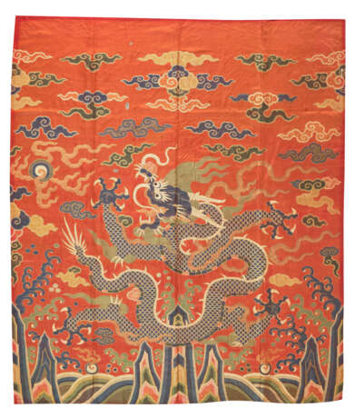 A LARGE RED-GROUND BROCADE `DRAGON` PANEL - photo 1