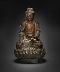 A LARGE PARCEL-GILT LACQUERED BRONZE FIGURE OF BUDDHA