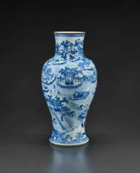 A VERY RARE AND SUPERBLY DECORATED BLUE AND WHITE &#39;WEST LAKE&#39; VASE, GUANYIN ZUN