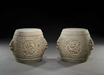 A RARE PAIR OF IMPERIAL CARVED WHITE MARBLE DRUM STOOLS