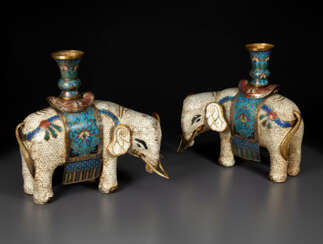 A PAIR OF CLOISONN&#201; ENAMEL FIGURES OF CAPARISONED WHITE ELEPHANTS