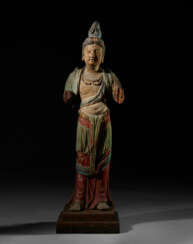 A RARE PAINTED WOOD FIGURE OF A STANDING BODHISATTVA