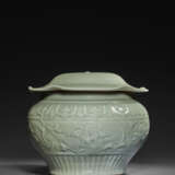 A LARGE MOLDED LONGQUAN CELADON `LOTUS` JAR AND COVER - photo 1