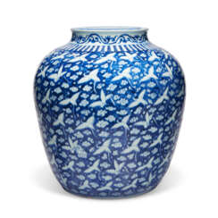 A LARGE BLUE AND WHITE REVERSE-DECORATED &#39;CRANES&#39; JAR
