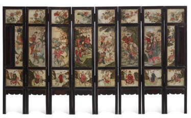 A ZITAN EIGHT-PANEL SCREEN WITH PAINTED STONE INSETS