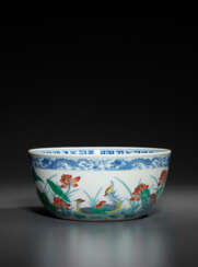 A RARE AND FINELY DECORATED DOUCAI &#39;DUCKS AND LOTUS POD&#39; BOWL