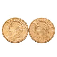 2 x Switzerland - 20 Francs 1935/LB and 1947/B, Vreneli, ss-vz,