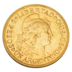 Argentina/Gold - 5 pesos 1887, Libertad, ss, rubbed,