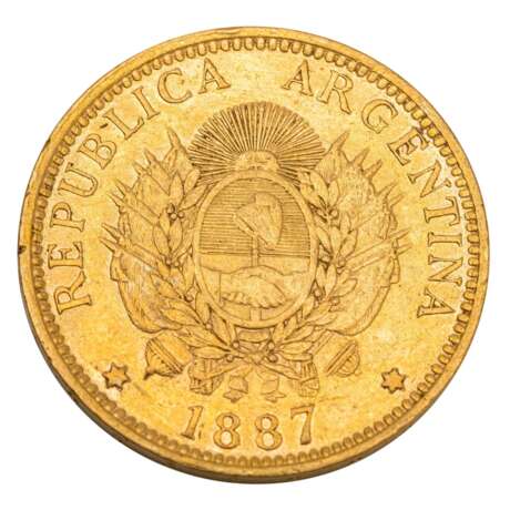 Argentina/Gold - 5 pesos 1887, Libertad, ss, rubbed, - Foto 2