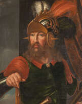 PORTRAITMALER IM STILE DES 16. JH BILDNIS EINES ADLIGEN MIT FEDERN GESCHMÜCKTEM HELM, SEINE RECHTE HAND AUF DAS SCHWERT GESTÜTZT