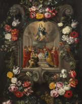 MICHEL DE BOUILLON (ATTR.) ANDACHTSBILD MIT DER HIMMELFAHRT DER HEILIGEN JUNGFRAU MARIA IN EINER STEINNISCHE UMRINGT VON BLUMENGIRLANDEN