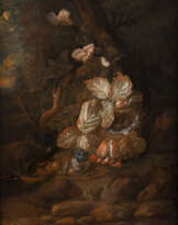 CARL WILHELM DE HAMILTON (ATTR.) STILLLEBEN MIT EIDECHSE, SCHLANGE, SCHNECKEN, VOGELNEST UND KÄFER VOR BAUMBESTANDENER LANDSCHAFT