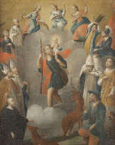 SÜDDEUTSCHE SCHULE DES 18.JH. DER HEILIGE CHRISTOPHERUS MIT DEM JESUSKIND UMRINGT VON HEILIGEN MIT IHREN ATTRIBUTEN