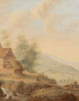CHRISTIAN GEORG SCHÜTZ (ATTR.) WEITE HÜGELIGE LANDSCHAFT MIT WASSERMÜHLE UND ARBEITENDEM LANDVOLK