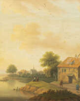 JOHANN CHRISTIAN VOLLAERT (AUCH VOLLERDT) (ATTR.) PAAR GEMÄLDE: FLUSSLANDSCHAFT MIT BURGANLAGE UND BOOTEN / FLUSSLANDSCHAFT MIT BAUERNHÄUSERN UND BAUERN IM GESPRÄCH