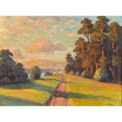 PAINTER OF THE 20th CENTURY "Country road with lake on the horizon"