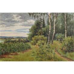 GEELMUYDEN, OLA (1858-1944), "Landscape with birch trees on a forest path".