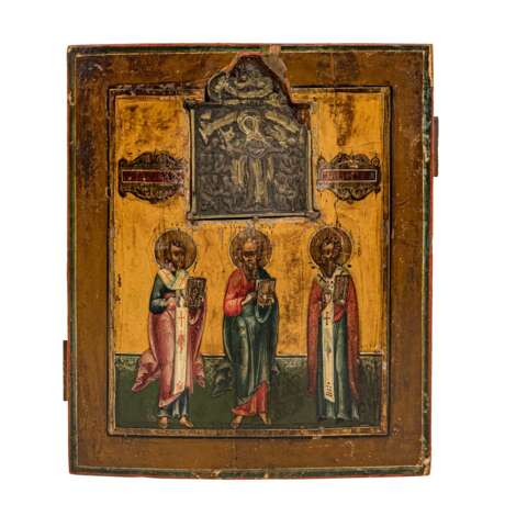 ICON "Three Saints" with inlaid bronze icon, Russia around 1800, - Foto 1