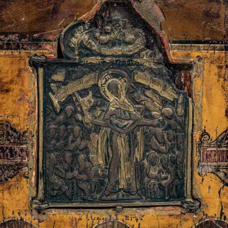 ICON "Three Saints" with inlaid bronze icon, Russia around 1800, - Foto 3