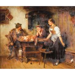 SUJKA, B. / BUJKA, S.? (signed in ligature, painter / 19th / 20th c.), "Hunter and two young women in the parlor",