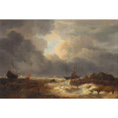 ACHENBACH, A. (19th century painter), "Ships on a roaring sea off the coast",