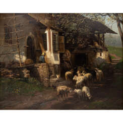 MALI, CHRISTIAN FRIEDRICH (1832-1906), "Shepherd with his flock of sheep in front of the house", Klausen 1891,