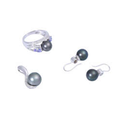 Jewelry set with Tahitian pearls, tanzanite and diamonds total ca. 0,48 ct,