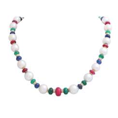 Necklace of South Sea pearls combined with ruby, sapphire, emerald