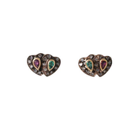 Stud earrings "Hearts" with tourmalines and diamonds total approx. 0.3 ct, - photo 1