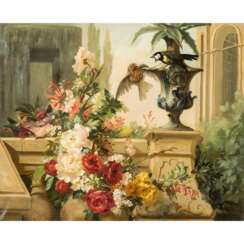 LEDOUX, EUGÈNE (1841-?) "Flower arrangement and birds on a balustrade".