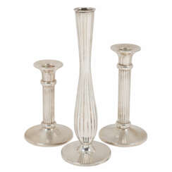 HERMANN BAUER AND ARTHUR MÖHRLE "Two table candlesticks and vase in modern design", 925 silver, 20.c.