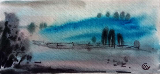 Пейзаж акварелью "Утренний туман" Paper Watercolor Romanticism Landscape painting Russia 2022 - photo 1