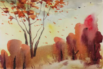Пейзаж акварелью "Осенний ветер"