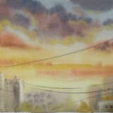 Gemälde, акварельная картина „Золотой закат над городом“, Papier, Aquarell, Romantik, Stadtlandschaft, Russland, 2022 - Foto 1