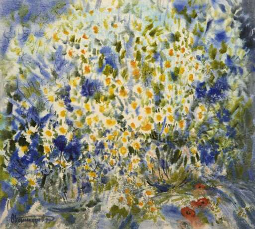 „Blumenstrauß margeriten Kornblumen Mohnblumen / Bouquet of chamomile cornflowers poppirs“ Papier Alla Prima Impressionismus Stillleben 1999 - Foto 1