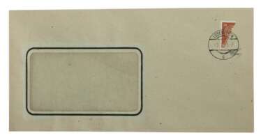 Briefumschlag 7.9.1945 DIN lang mit gerahmtem Fenster, rechts oben mit halbierter Provisoriumsmarke