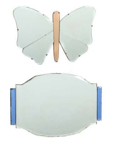 Zwei Art Déco-Spiegel 1930er Jahre, Wandspiegel mit teilweise farbig getöntem Spiegelglas auf Holzpaneele - Foto 1