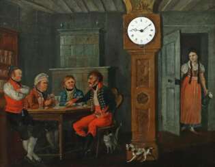 Biedermeier-Bilderuhr ''Beim Kartenspiel'' um 1830, Wirtshausszene mit einem Soldaten und zwei weiteren Männern an einem Tisch sitzend und Karten spielend