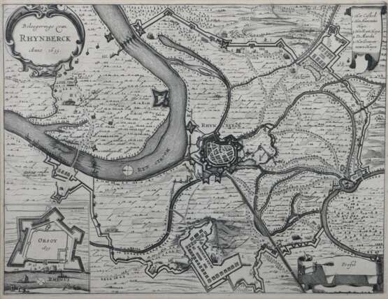 Kupferstecher des 17. Jh. ''Beleegeringe van Rhynberck Anno 1633'', Vogelschauplan mit Karte der Umgebung und Titelkartusche - Foto 1