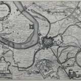 Kupferstecher des 17. Jh. ''Beleegeringe van Rhynberck Anno 1633'', Vogelschauplan mit Karte der Umgebung und Titelkartusche - photo 1