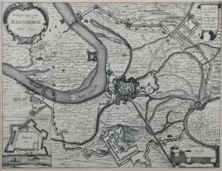Kupferstecher des 17. Jh. ''Beleegeringe van Rhynberck Anno 1633'', Vogelschauplan mit Karte der Umgebung und Titelkartusche